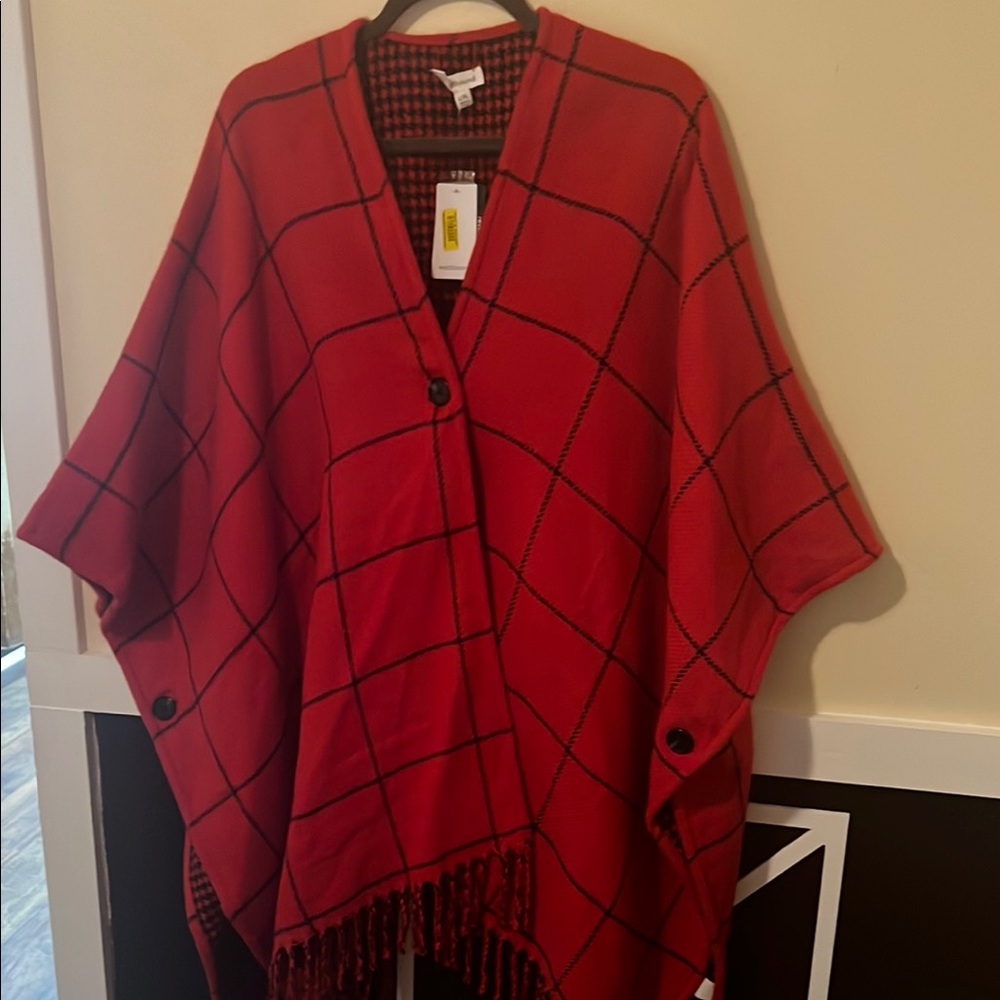 Westbound Red and Black Cape with Fringe and Geometric Pattern